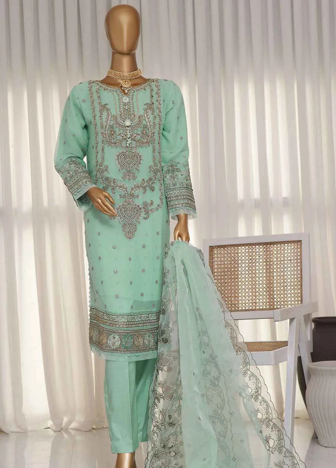 Fasaane By Hz Textiles Pret Embroidered Chiffon 3 Piece Suit HZK-172-Aqua