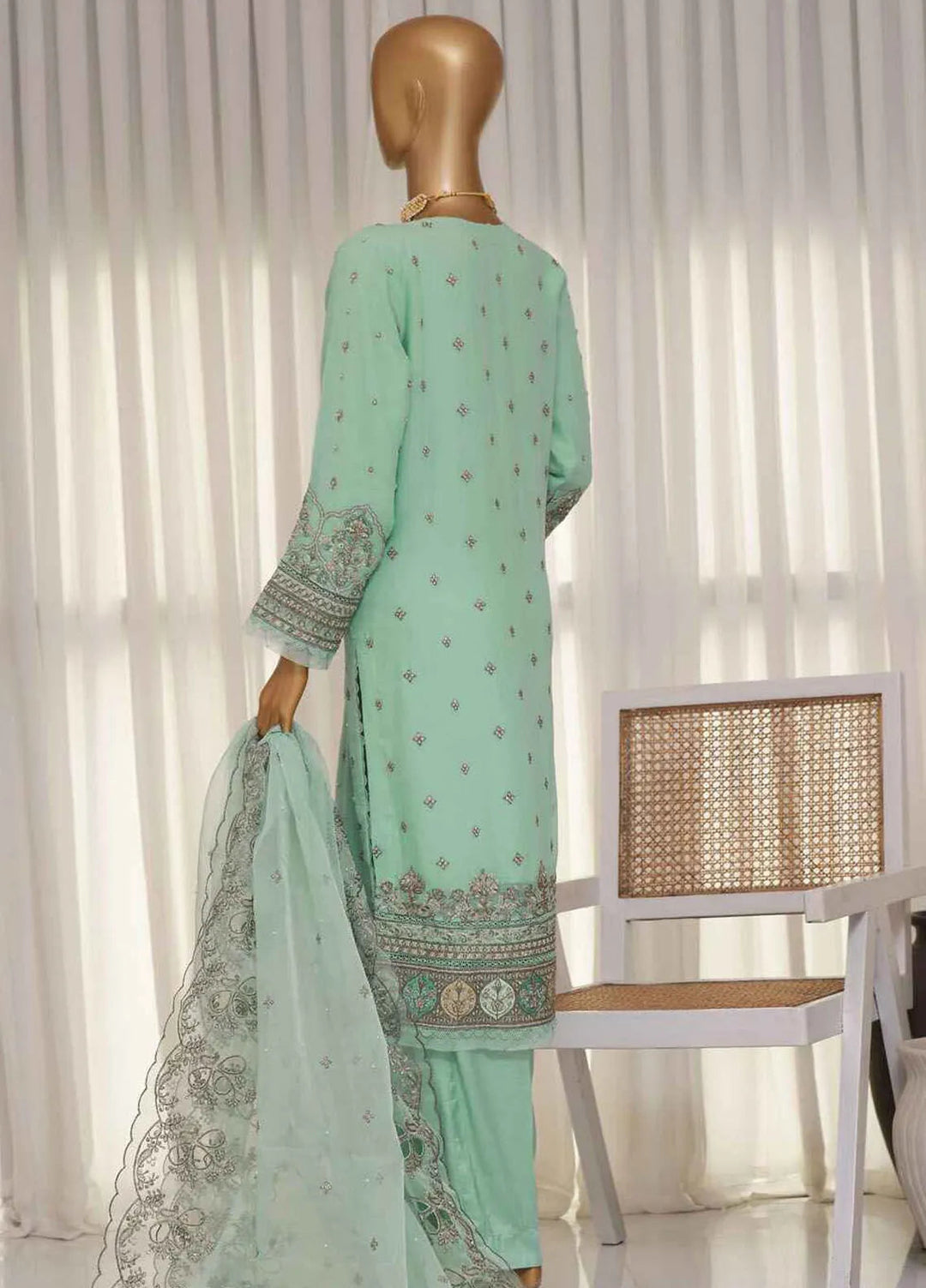 Fasaane By Hz Textiles Pret Embroidered Chiffon 3 Piece Suit HZK-172-Aqua