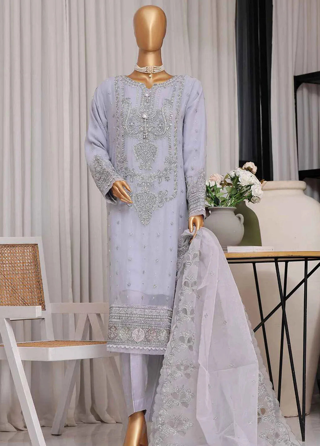 Fasaane By Hz Textiles Pret Embroidered Chiffon 3 Piece Suit HZK-172-Lavender