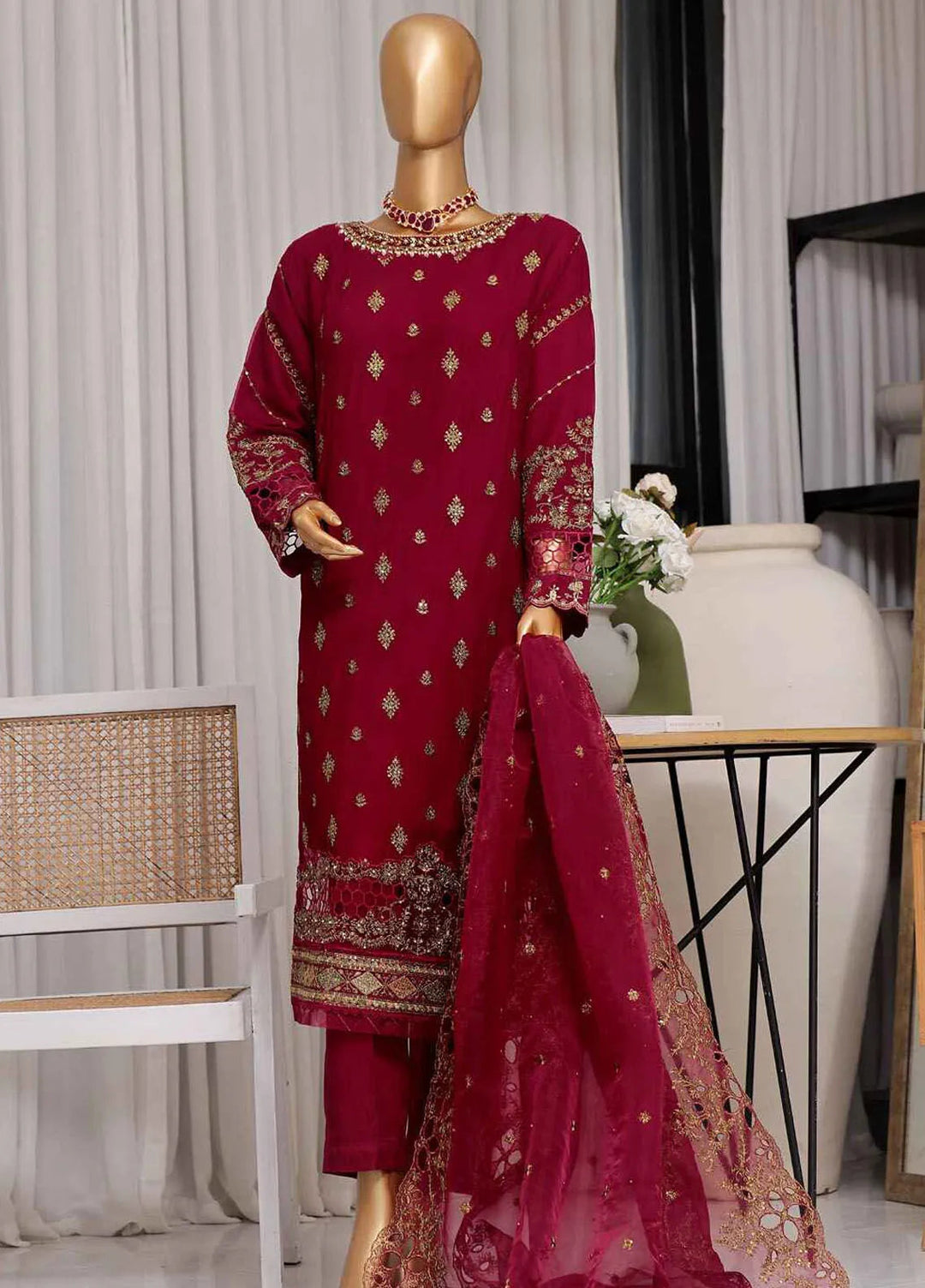 Fasaane By Hz Textiles Pret Embroidered Chiffon 3 Piece Suit HZK-173-Maroon