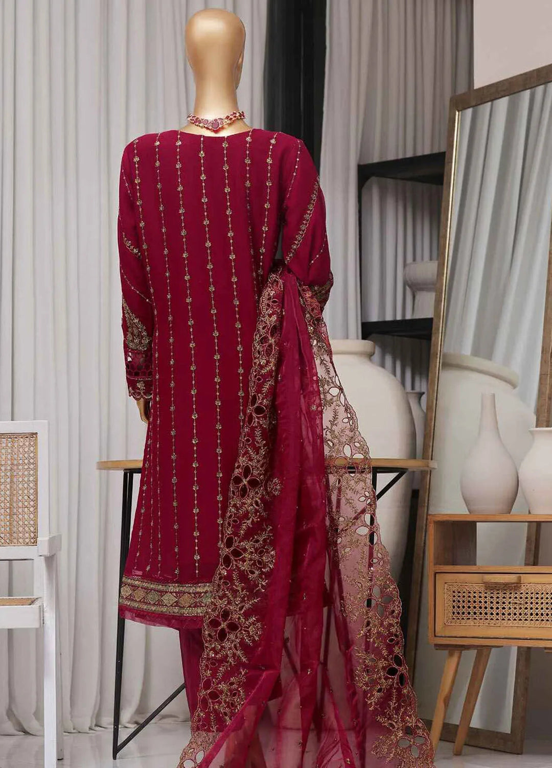 Fasaane By Hz Textiles Pret Embroidered Chiffon 3 Piece Suit HZK-173-Maroon