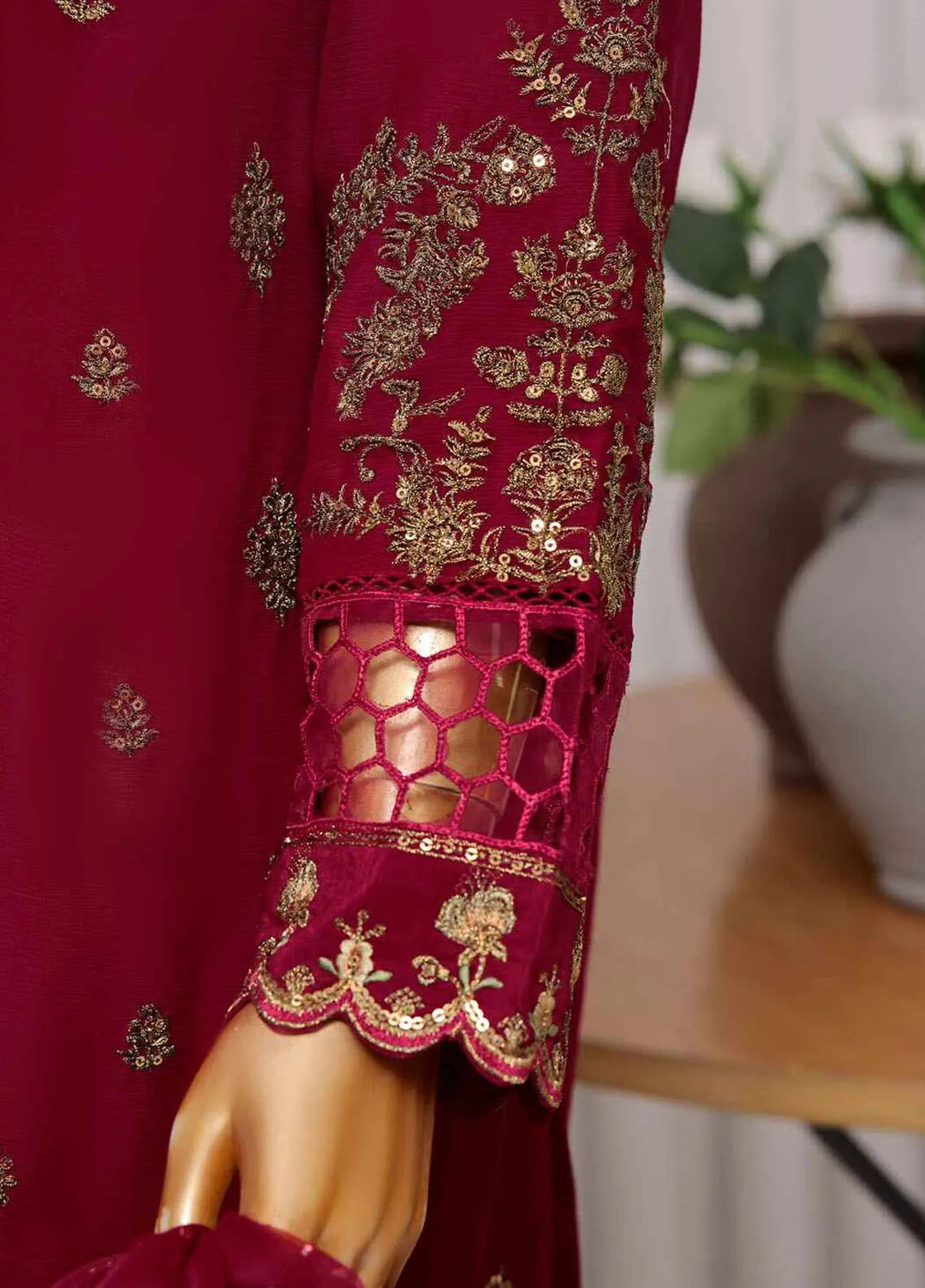 Fasaane By Hz Textiles Pret Embroidered Chiffon 3 Piece Suit HZK-173-Maroon