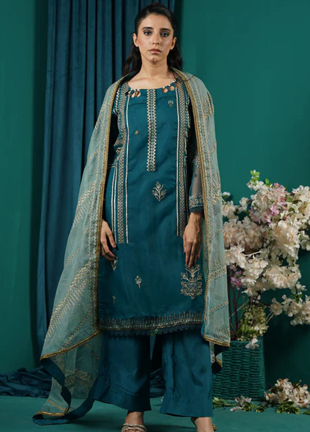 Fascino Embroidered Organza Suits Unstitched 3 Piece Persian Green - Festive Collection