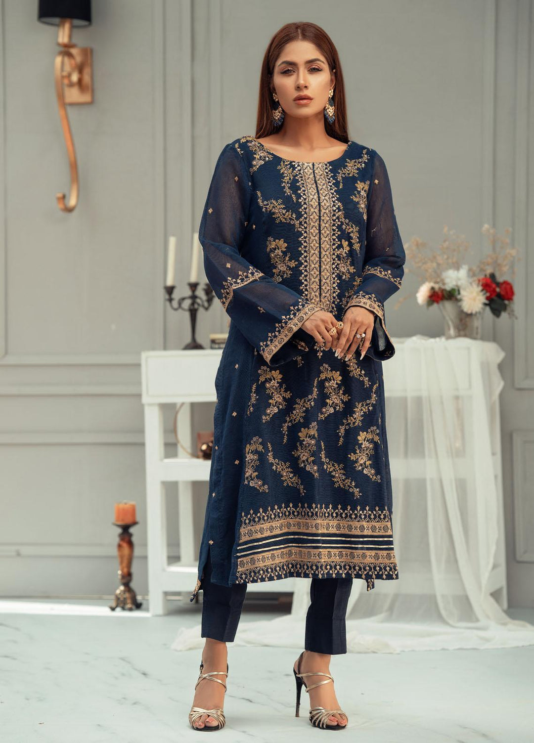 Fascino Embroidered Khaadi Net Suits Unstitched 3 Piece FN22F SAPPHIRE - Festive Collection