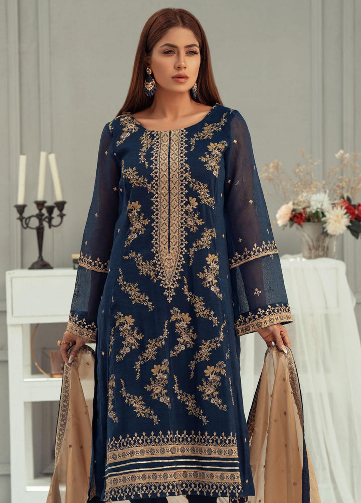 Fascino Embroidered Khaadi Net Suits Unstitched 3 Piece FN22F SAPPHIRE - Festive Collection