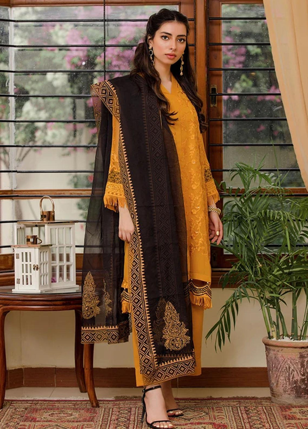LA FLORA By Fascino Embroidered Chiffon Suits Unstitched 3 Piece FN21-LF2 Saffron - Luxury Collection