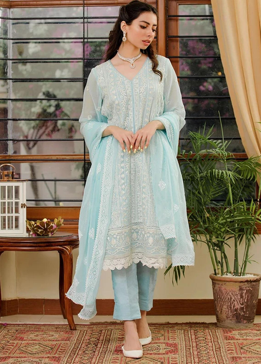 LA FLORA By Fascino Embroidered Chiffon Suits Unstitched 3 Piece FN21-LF2 Sea Breeze - Luxury Collection