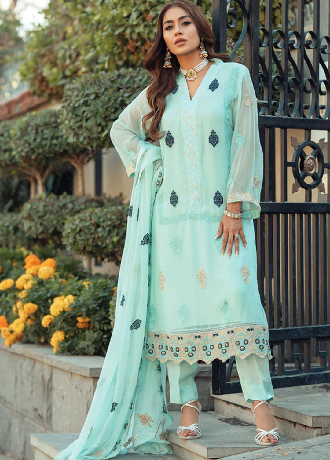 LA FLORA By Fascino Embroidered Chiffon Suits Unstitched 3 Piece FN22-LF3 OCEAN BREEZE - Luxury Collection