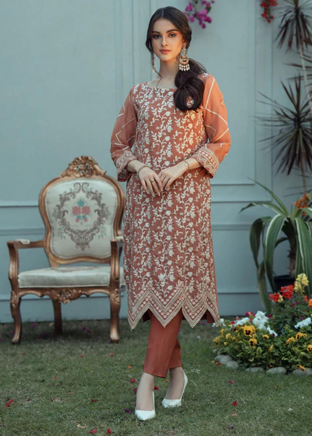 LA FLORA By Fascino Embroidered Chiffon Suits Unstitched 3 Piece FN22-LF3 SANDY BEACH  - Luxury Collection