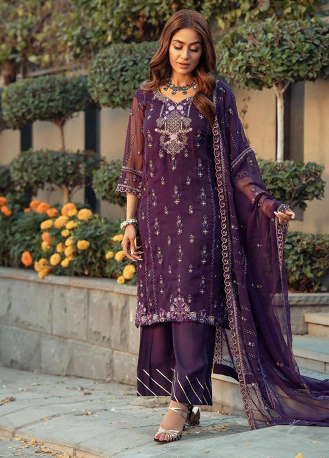 LA FLORA By Fascino Embroidered Chiffon Suits Unstitched 3 Piece FN22-LF3 SPARKLING GRAPE - Luxury Collection