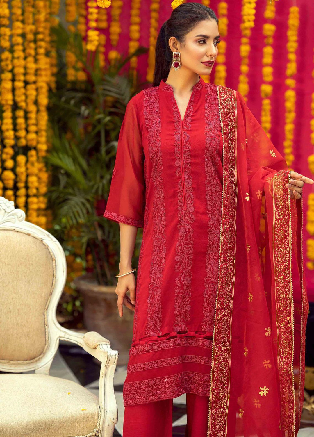 LA FLORA by Fascino Embroidered Chiffon Suits Unstitched 4 Piece FN22-LF4 Poppy - Luxury Collection