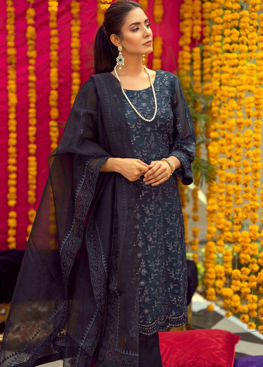 LA FLORA by Fascino Embroidered Chiffon Suits Unstitched 4 Piece FN22-LF4 Dusty Miller - Luxury Collection
