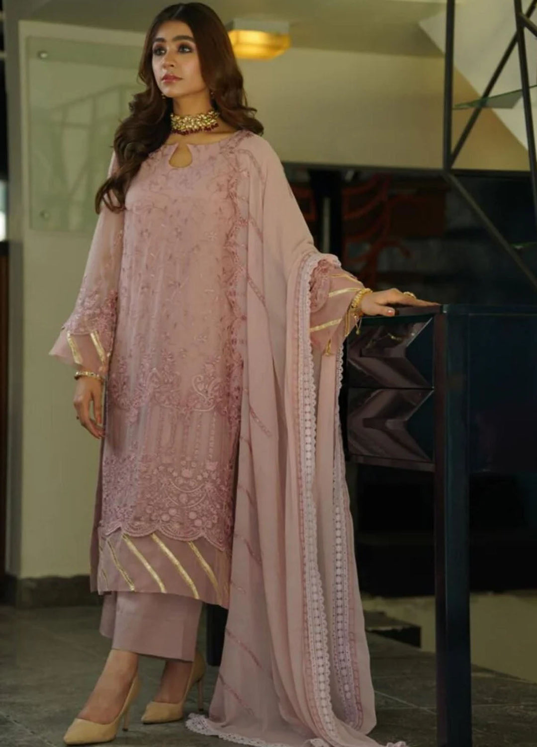 Fascino Pret Embroidered Chiffon 3 Piece Suit Cardinal Red