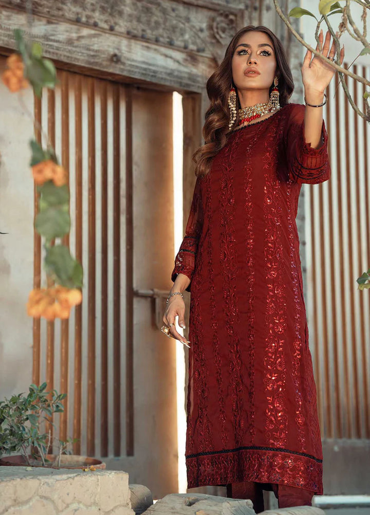 Fascino Pret Embroidered Chiffon 3 Piece Suit Desiring Ruby