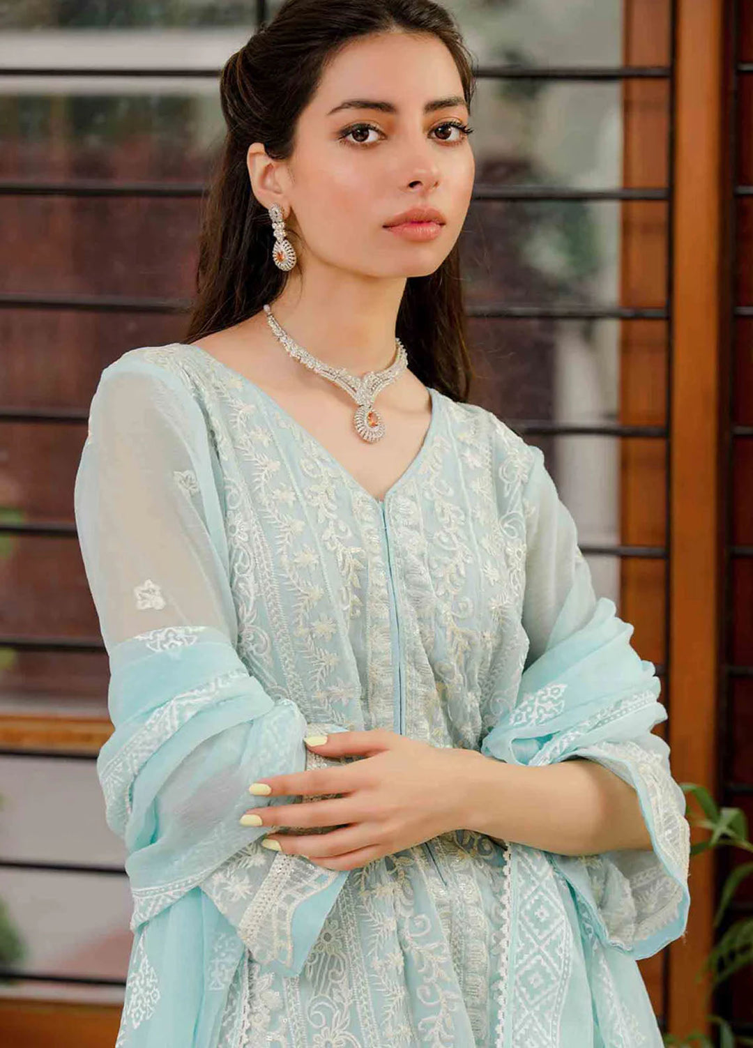 Fascino Pret Embroidered Chiffon 3 Piece Suit Sea Breeze