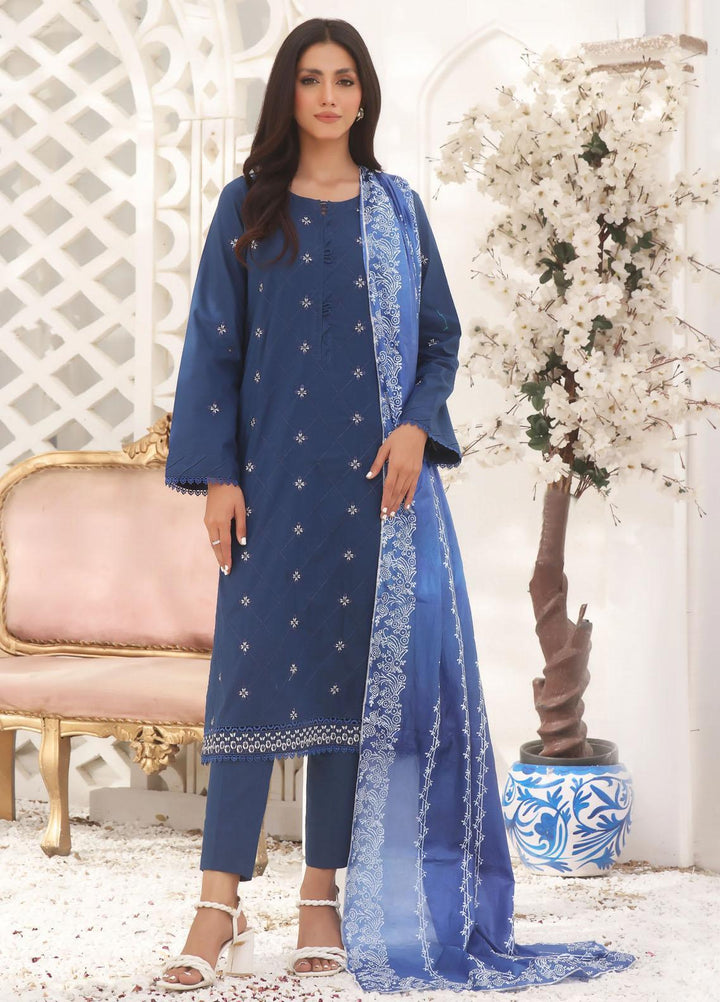 Fascino Pret Embroidered Cotton 3 Piece Suit Blue Orchide