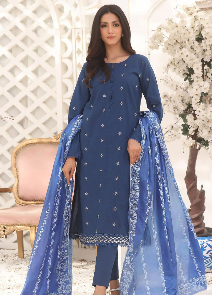 Fascino Pret Embroidered Cotton 3 Piece Suit Blue Orchide