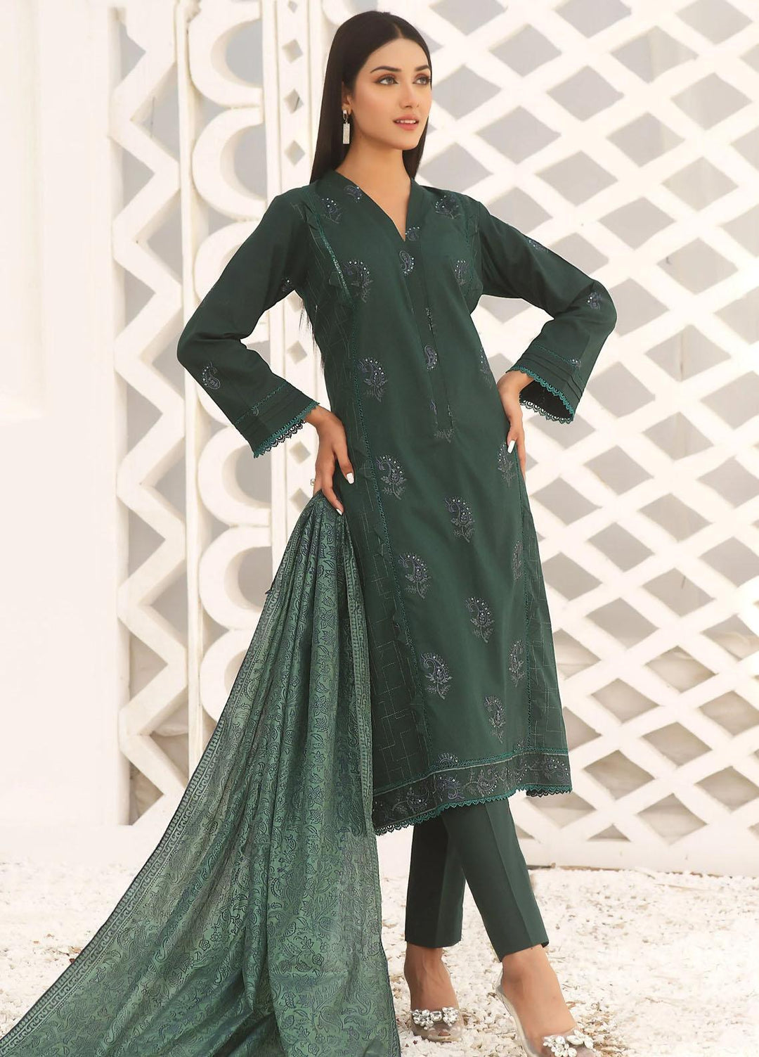 Fascino Pret Embroidered Cotton 3 Piece Suit Lemon Grass