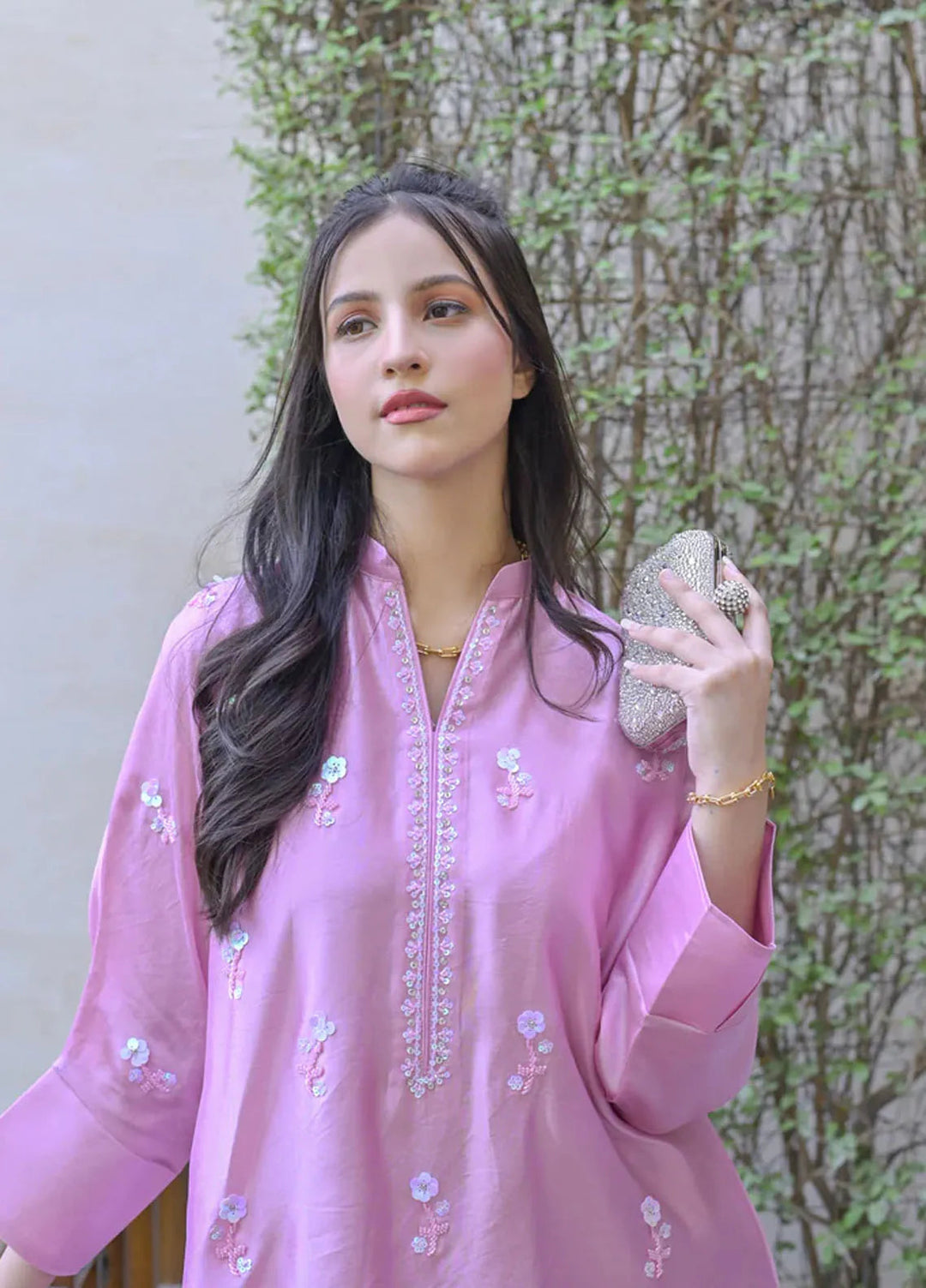 Fascino Pret Embroidered Silk 2 Piece Suit Flamingo