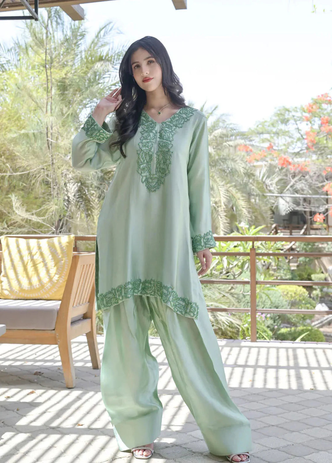 Fascino Pret Embroidered Silk 2 Piece Suit Ivy