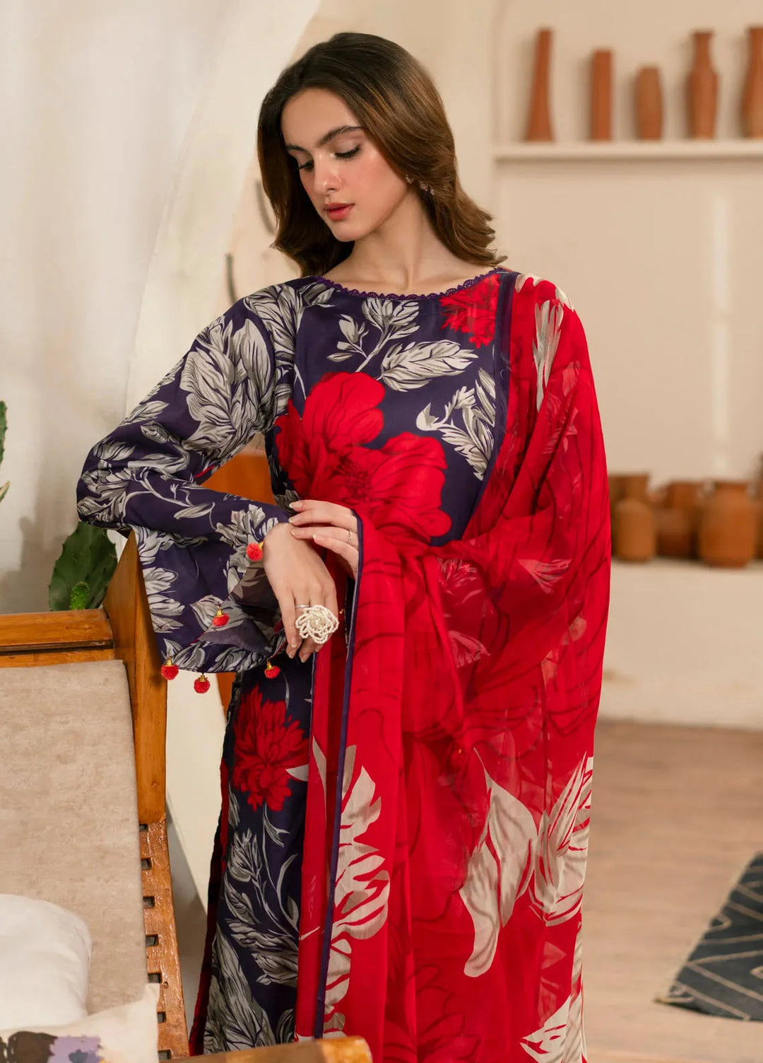 Feathers Pret Printed Lawn 3 Piece Suit Garnet