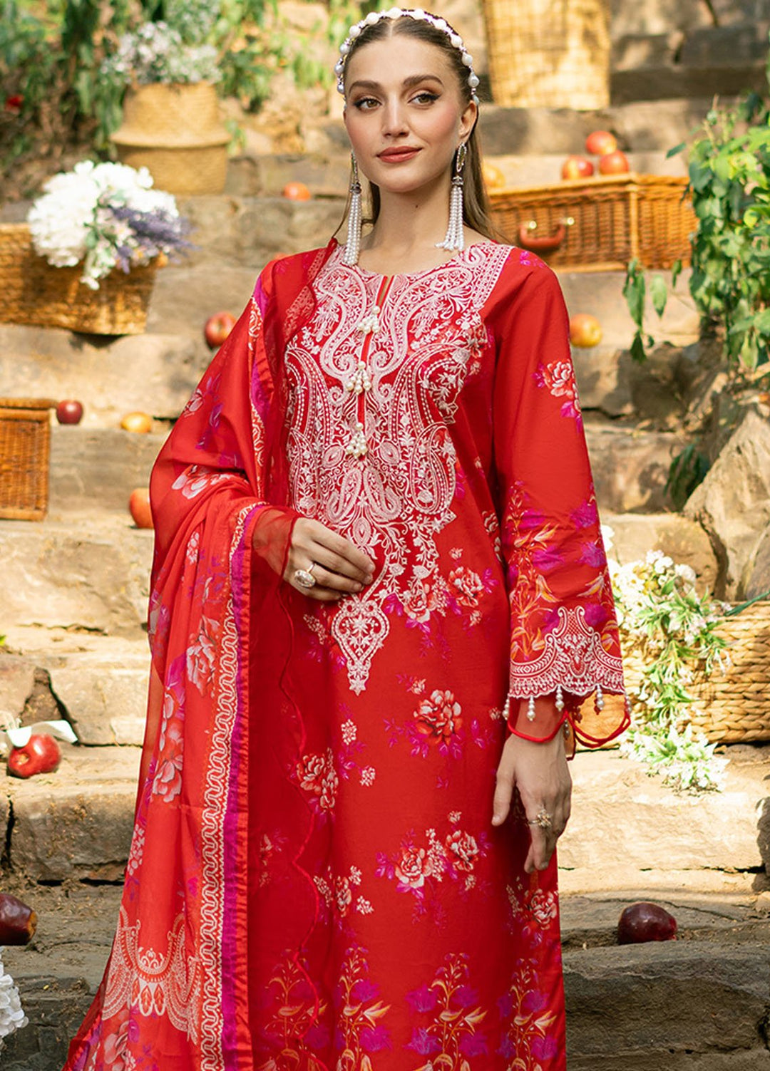 Fiona Embroidered Lawn Suits Unstitched 3 Piece Scarlet - Summer Collection