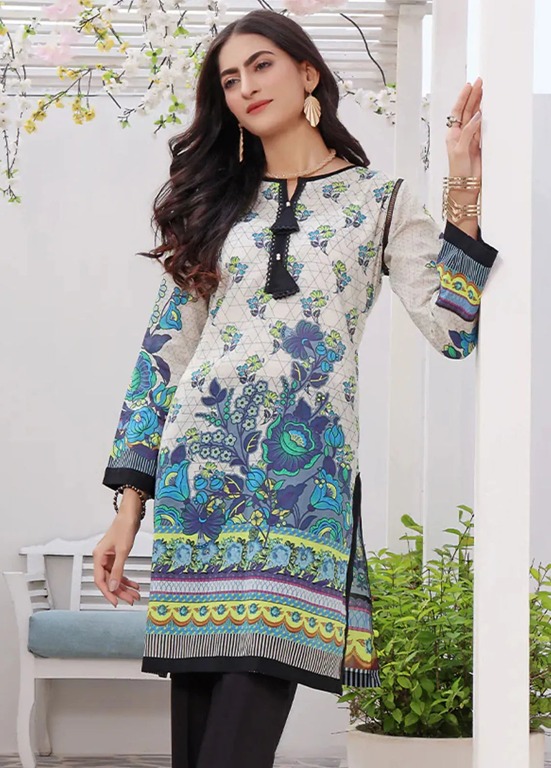 Fiona Pret Casual Lawn Kurti Off White Scarlet