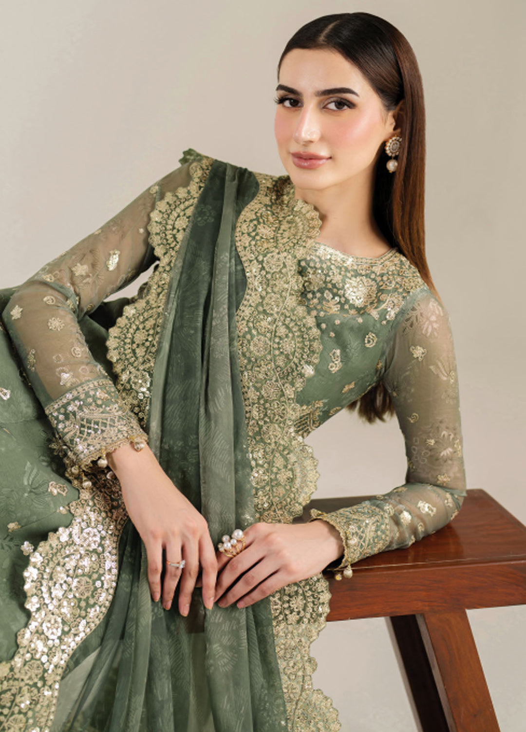 Fiorella by Farasha Embroidered Chiffon Suits Unstitched 3 Piece FSH25FF D-06 Olive Aura - Formals Collection