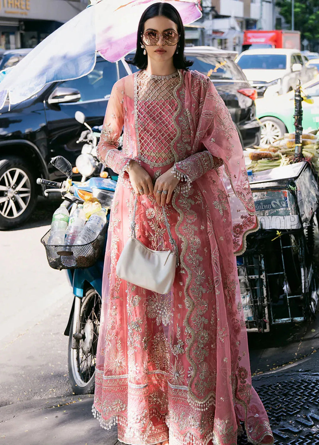 Fleurie By Saad Shaikh Embroidered Net Suits Unstitched 4 Piece SSK24F Sandy - Luxury Collection