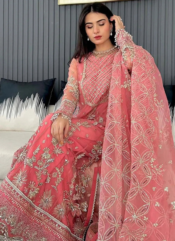 Fleurie By Saad Shaikh Embroidered Net Suits Unstitched 4 Piece SSK24F Sandy - Luxury Collection