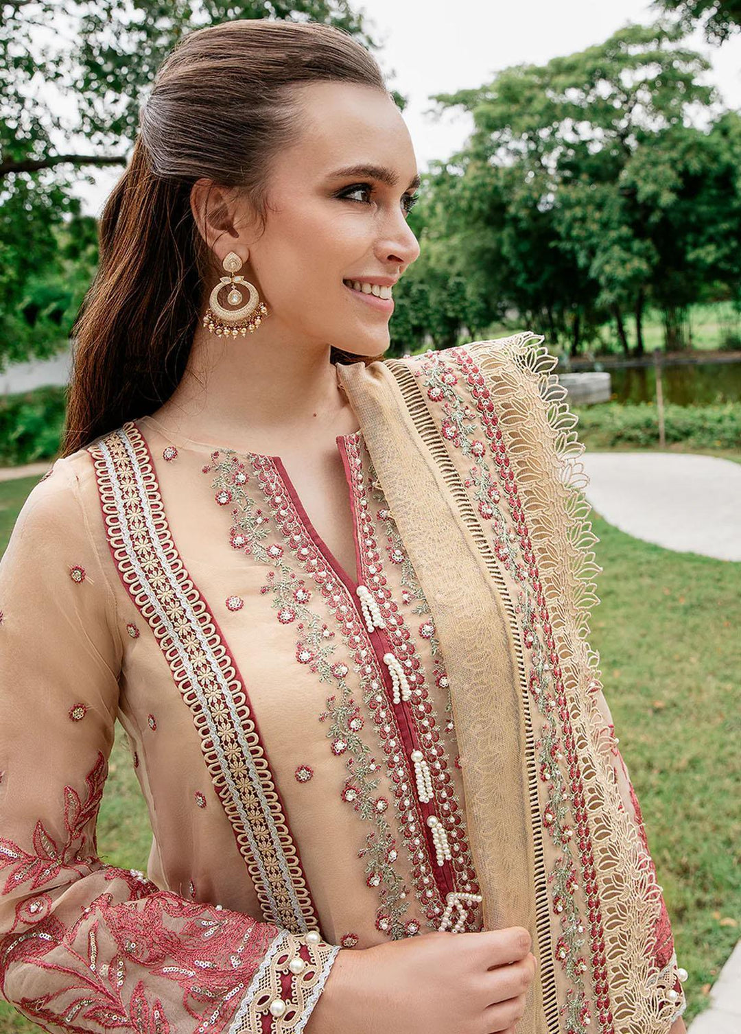 Saad Shaikh Pret Embroidered Organza 3 Piece Suit Beige Sea Sand