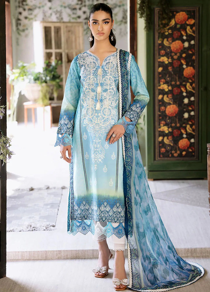 Flora by Roheenaz Printed Lawn Suit Unstitched 3 Piece RNZ24F RNP-01B Azure - Summer Collection