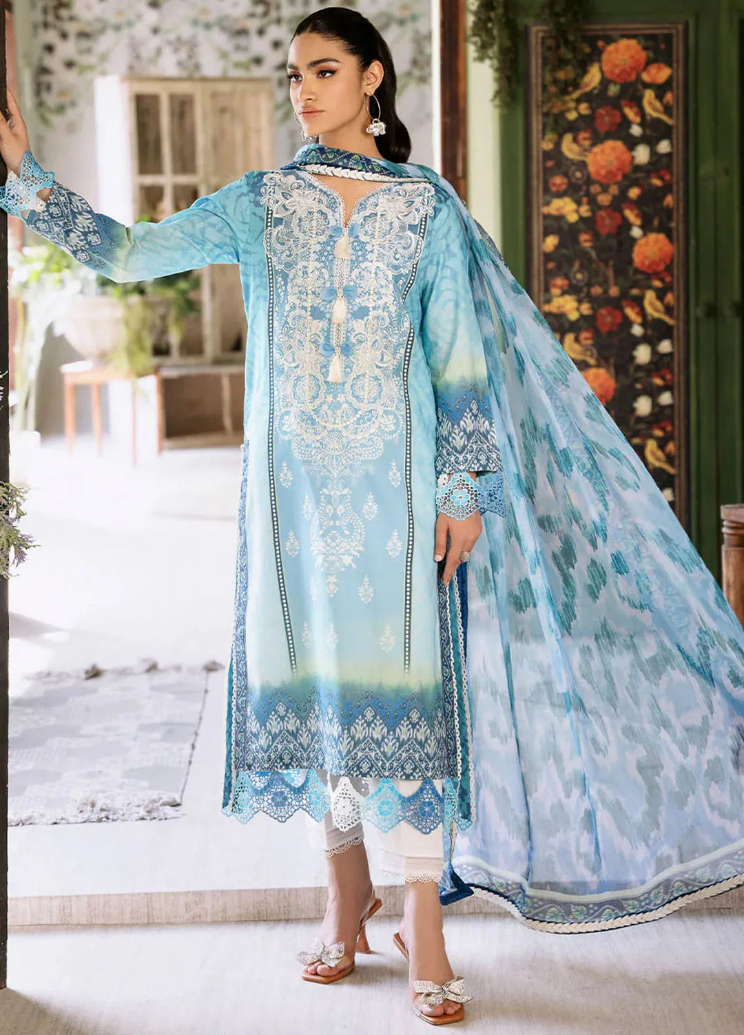 Flora by Roheenaz Printed Lawn Suit Unstitched 3 Piece RNZ24F RNP-01B Azure - Summer Collection