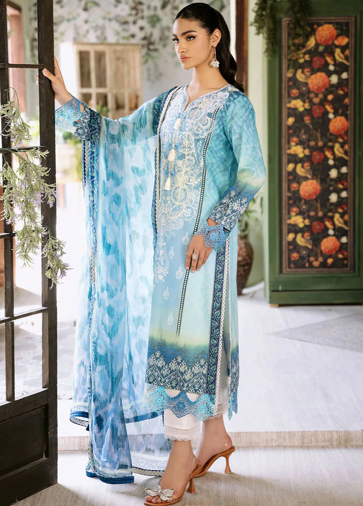 Flora by Roheenaz Printed Lawn Suit Unstitched 3 Piece RNZ24F RNP-01B Azure - Summer Collection