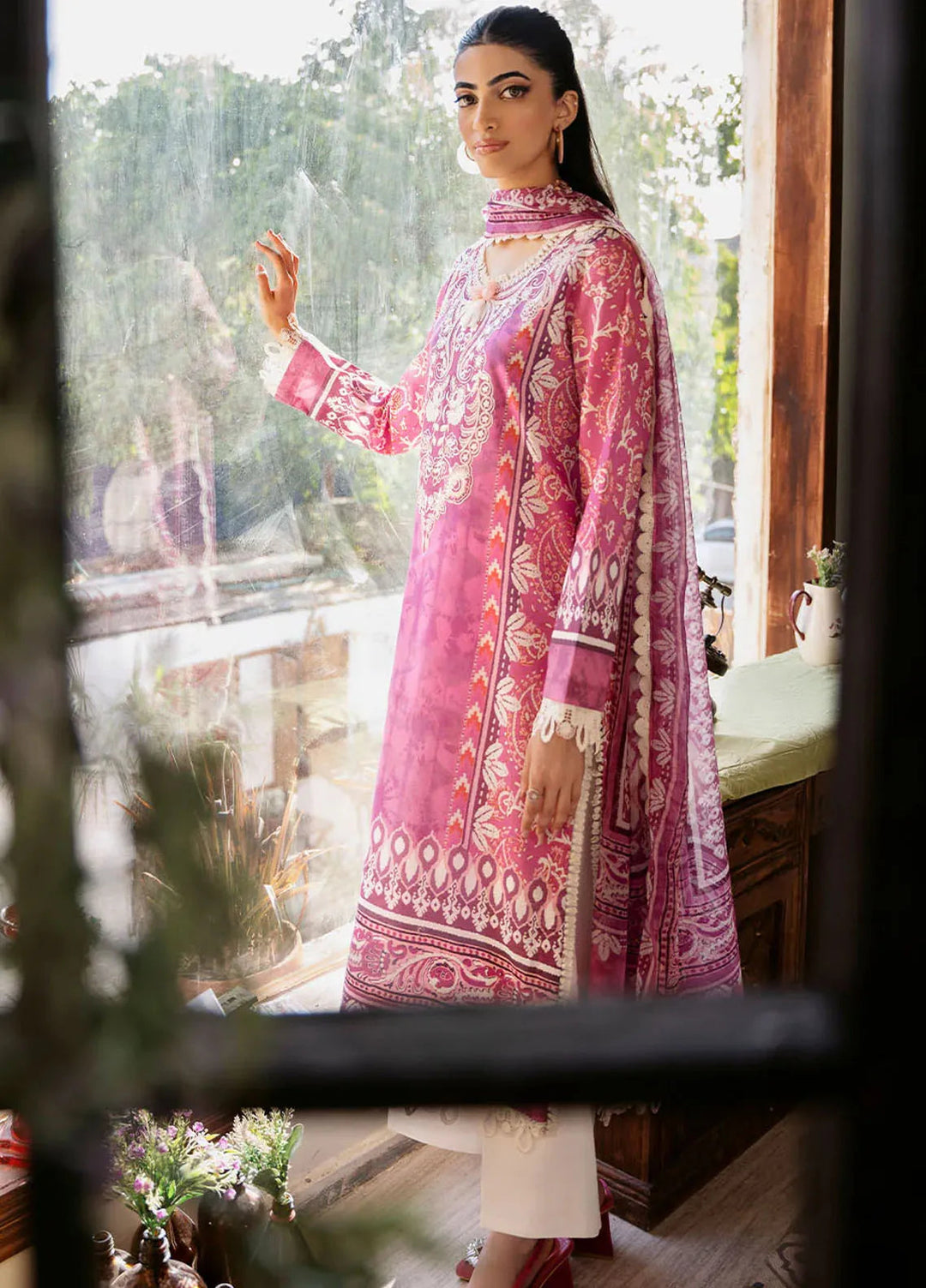 Flora by Roheenaz Printed Lawn Suit Unstitched 3 Piece RNZ24F RNP-02A Amaranth - Summer Collection