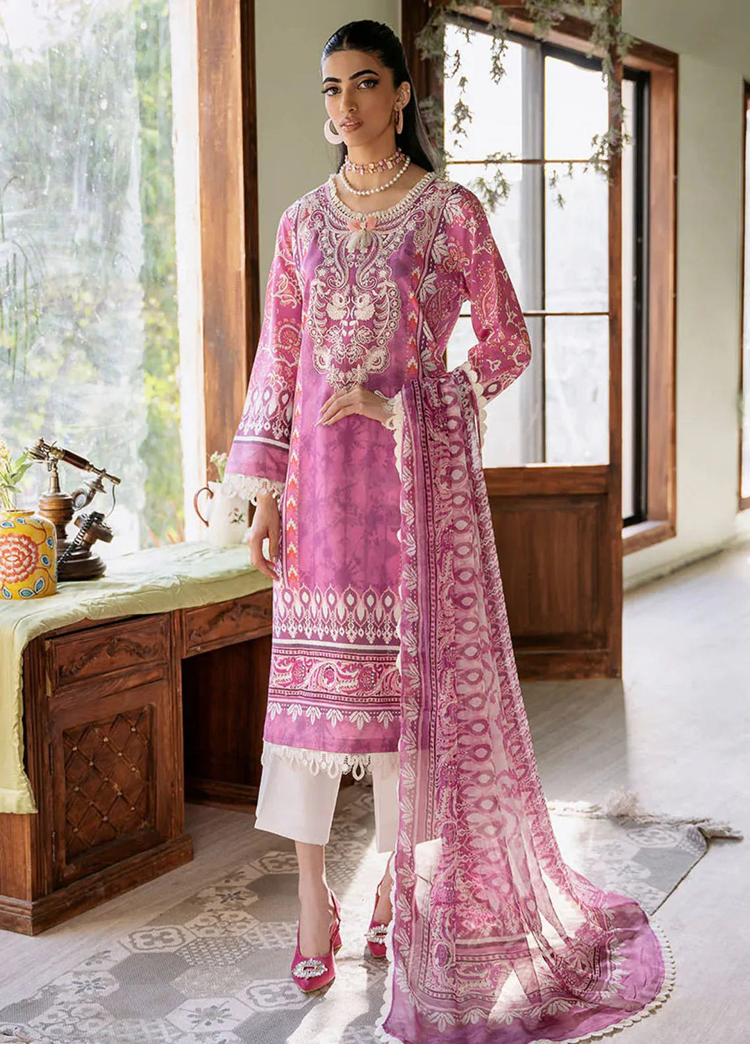 Flora by Roheenaz Printed Lawn Suit Unstitched 3 Piece RNZ24F RNP-02A Amaranth - Summer Collection