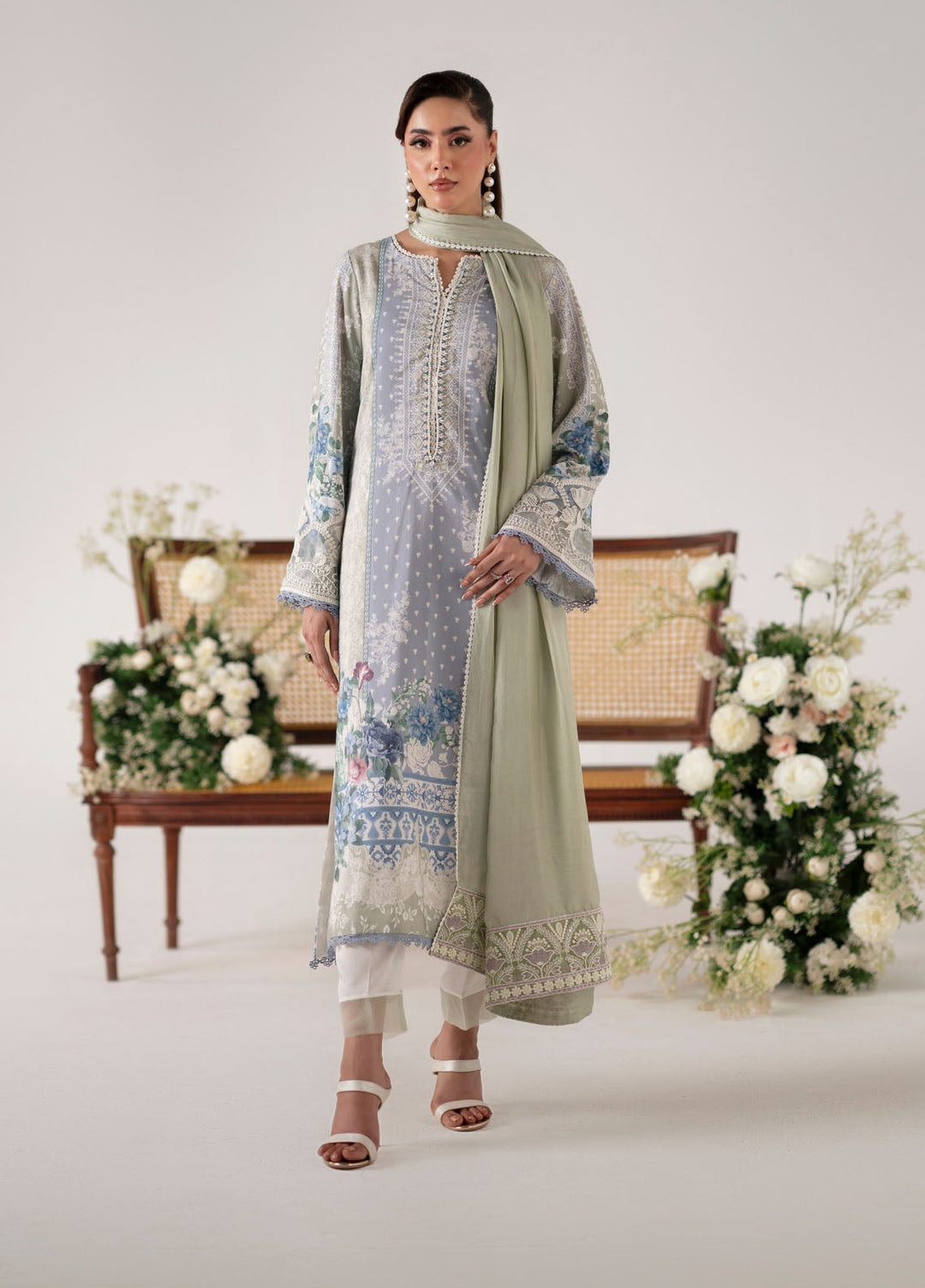Floral Whimsy by Mehak Yaqoob Pret Embroidered Raw Silk 3 Piece Suit Bluebell