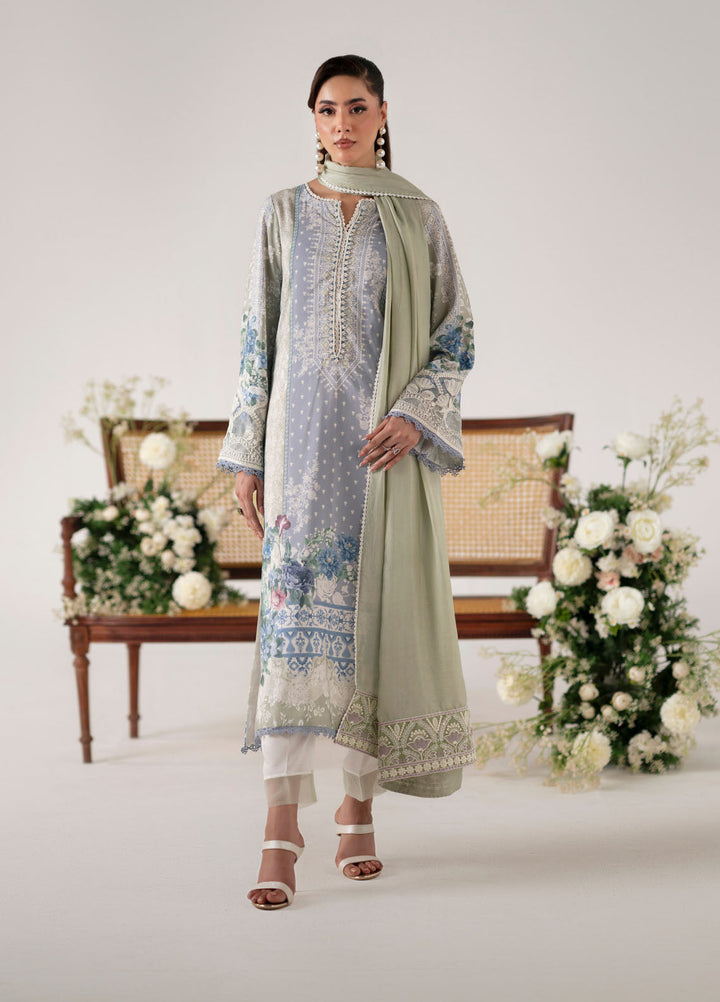 Floral Whimsy by Mehak Yaqoob Pret Embroidered Raw Silk 3 Piece Suit Bluebell