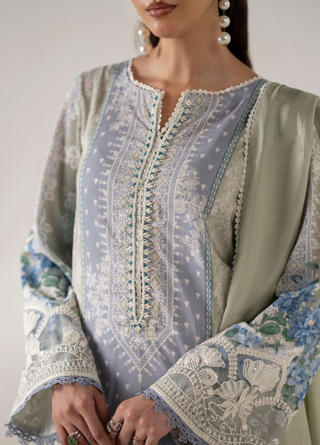 Floral Whimsy by Mehak Yaqoob Pret Embroidered Raw Silk 3 Piece Suit Bluebell
