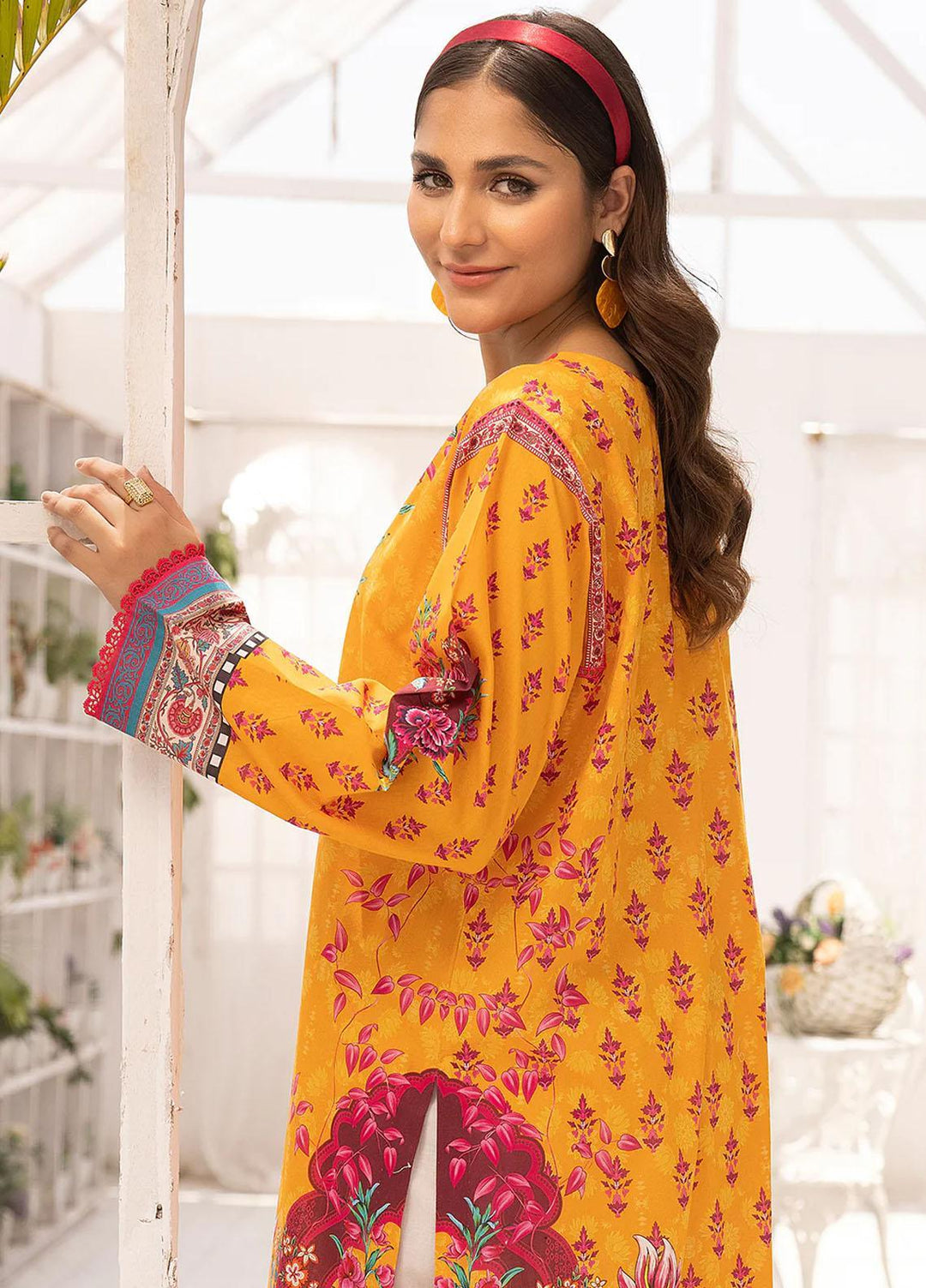 Florance By Meerak Printed Lawn Suits Unstitched Kurties MRK23F Pumpkin - Summer Collection