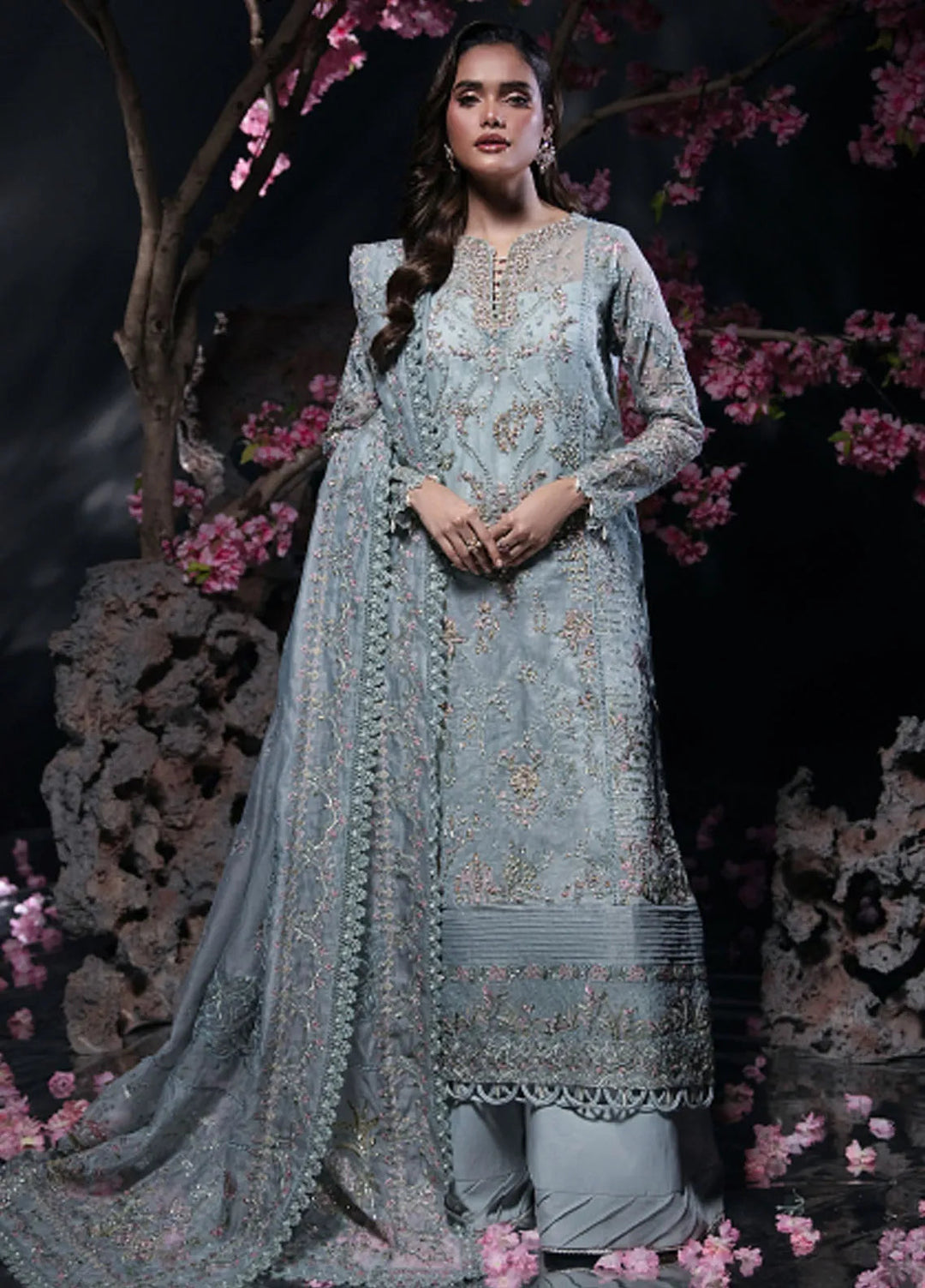Florent Embroidered Net Suit Unstitched 3 Piece FL24R Mint Mist - Formal Collection