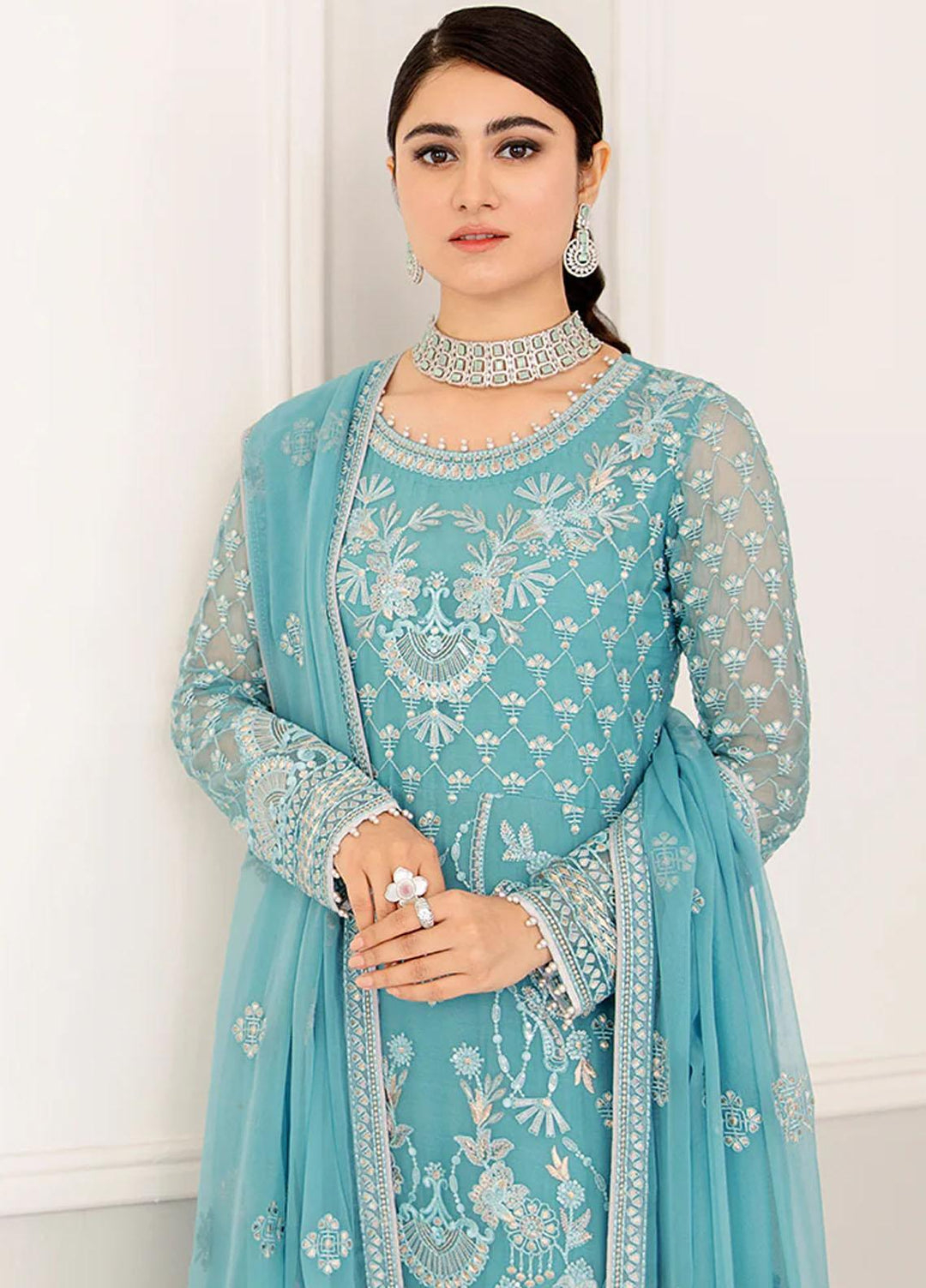 Flossie Embroidered Chiffon Suits Unstitched 3 Piece FS23EU S-1108 Emerald Green - Festive Collection