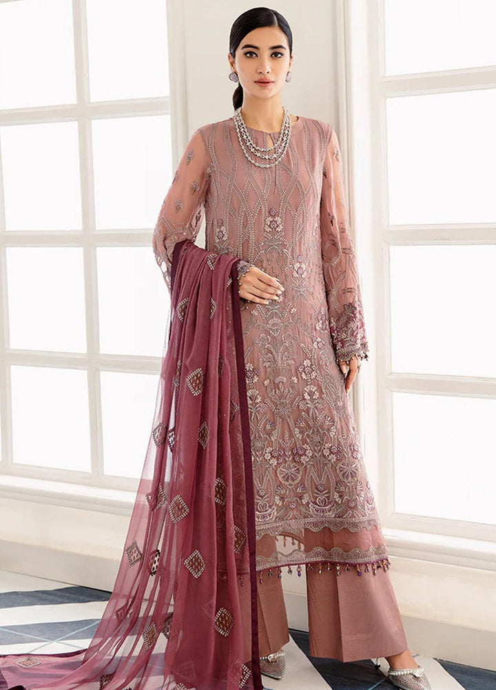 Flossie Embroidered Chiffon Suits Unstitched 3 Piece FS23EU S-1109 Burlwood - Festive Collection