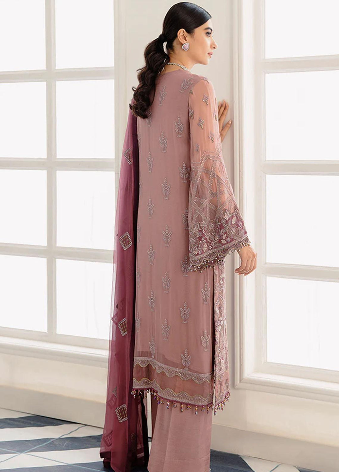 Flossie Embroidered Chiffon Suits Unstitched 3 Piece FS23EU S-1109 Burlwood - Festive Collection