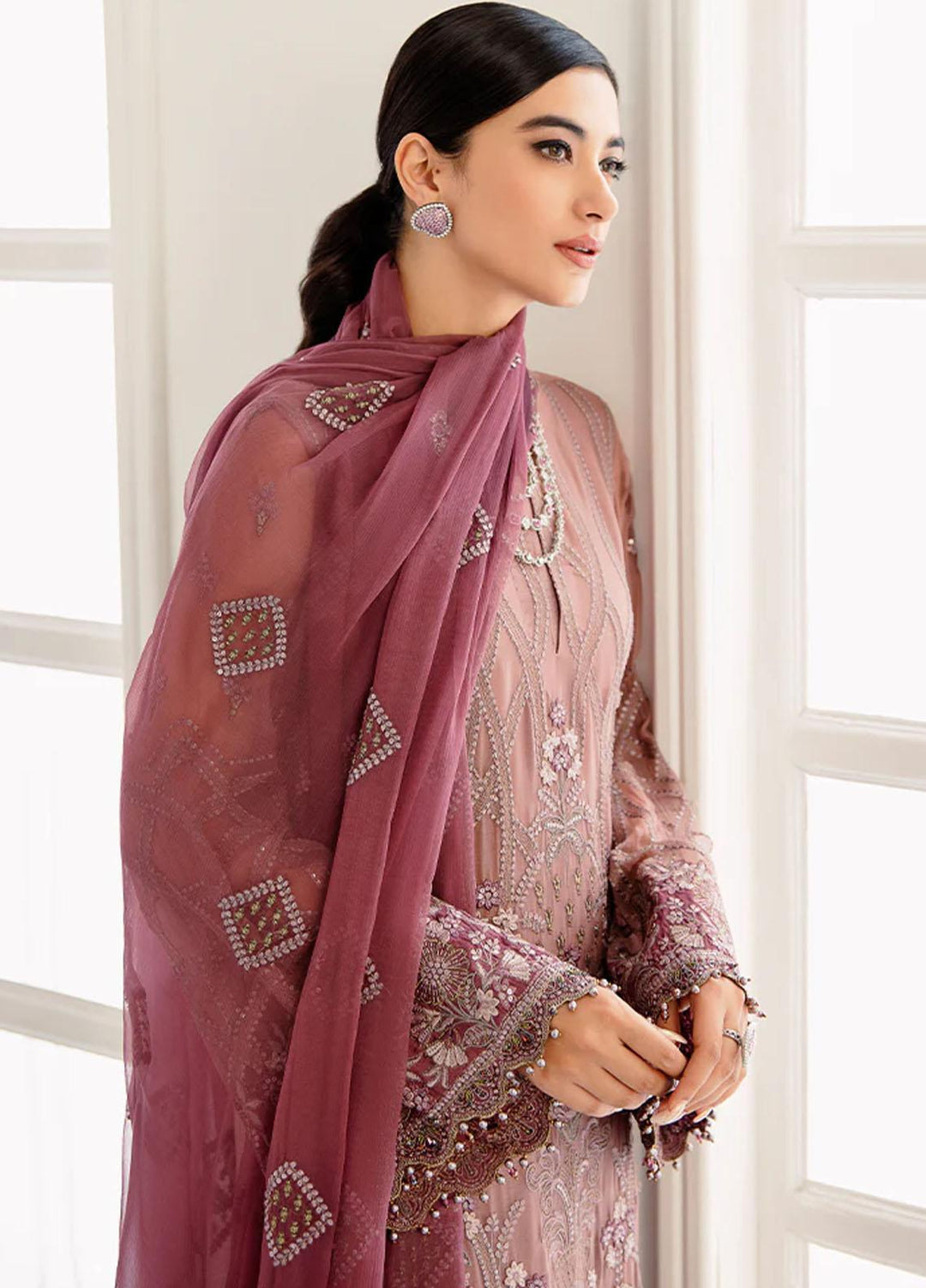 Flossie Embroidered Chiffon Suits Unstitched 3 Piece FS23EU S-1109 Burlwood - Festive Collection