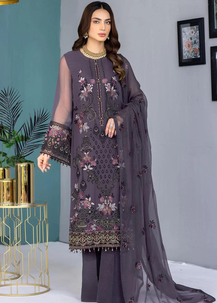 Flossie Embroidered Chiffon Suits Unstitched 3 Piece FS23EU K-1308 Grey Elegant - Festive Collection