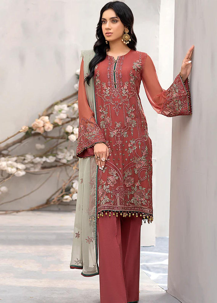 Flossie Embroidered Chiffon Suits Unstitched 3 Piece FS23EU K-1206 Damp Rubicund - Festive Collection