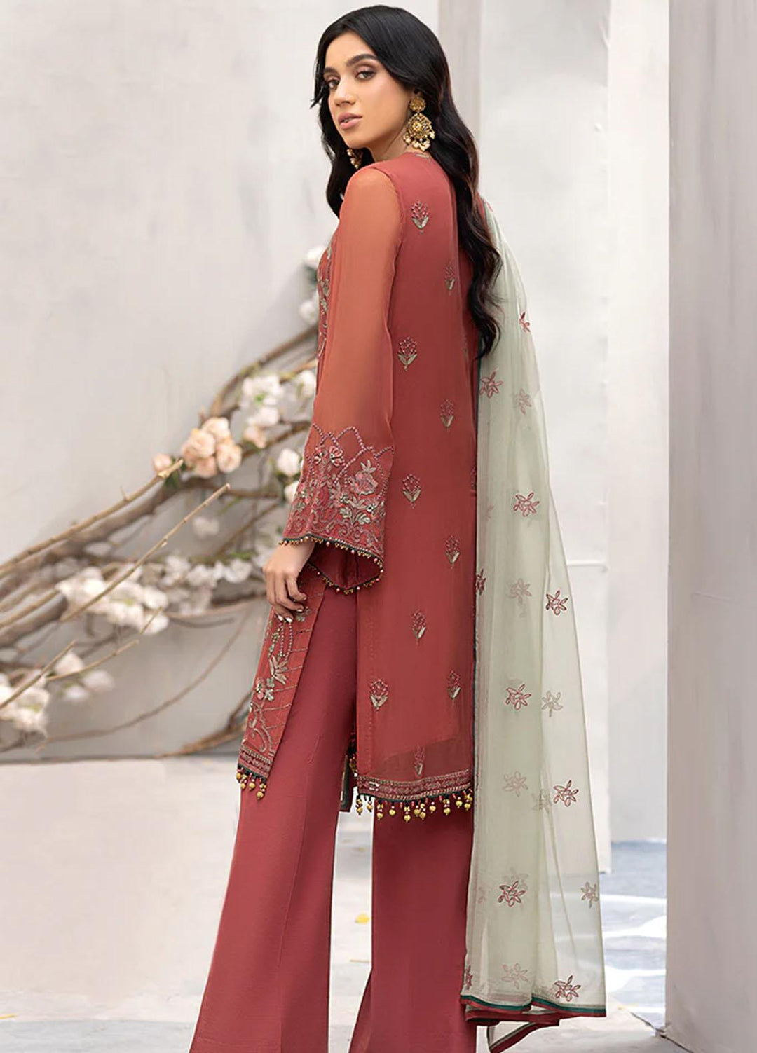 Flossie Embroidered Chiffon Suits Unstitched 3 Piece FS23EU K-1206 Damp Rubicund - Festive Collection