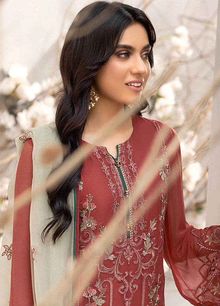 Flossie Embroidered Chiffon Suits Unstitched 3 Piece FS23EU K-1206 Damp Rubicund - Festive Collection