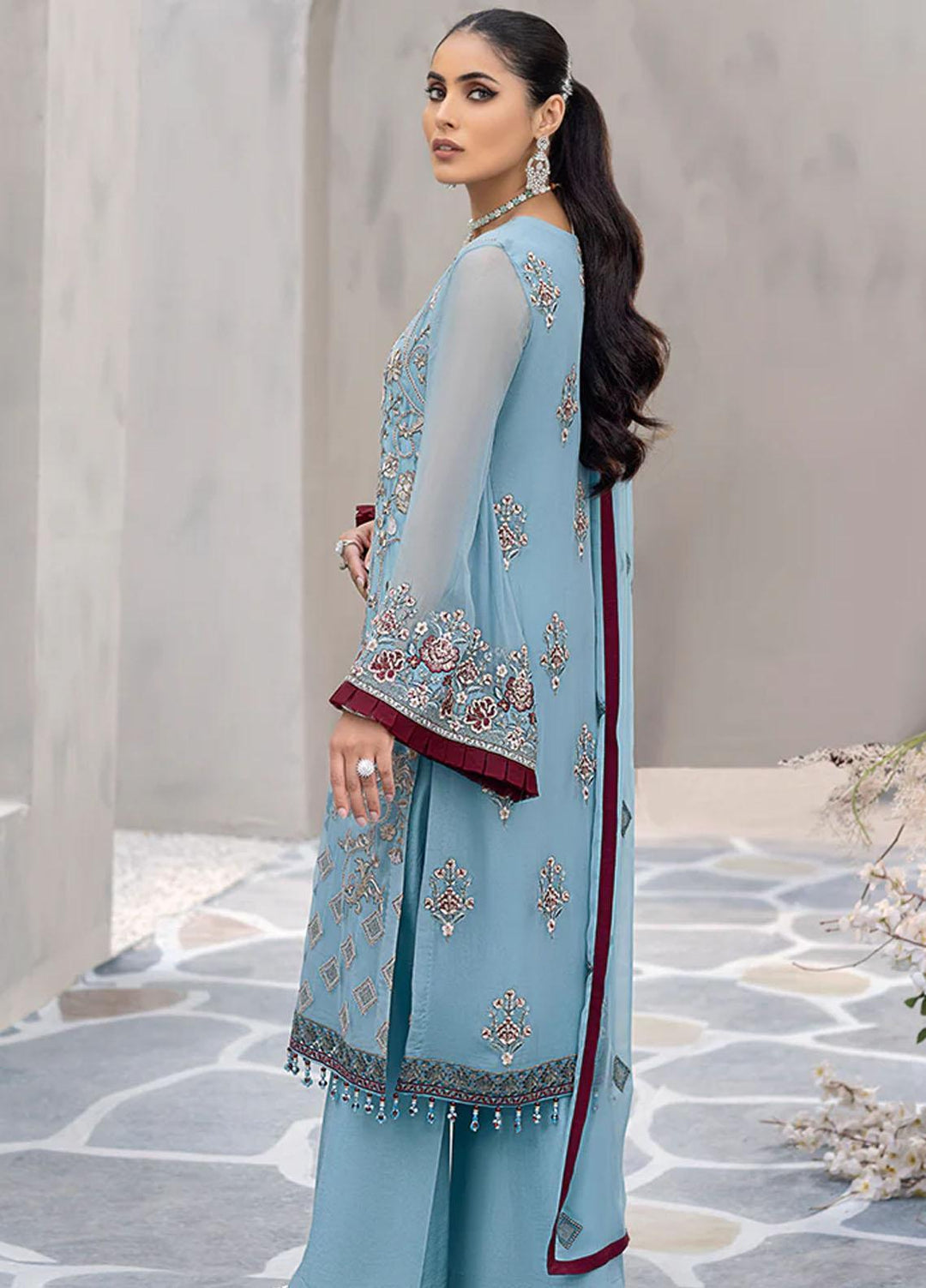 Flossie Embroidered Chiffon Suits Unstitched 3 Piece FS23EU K-1209 Sapphire Beryl - Festive Collection